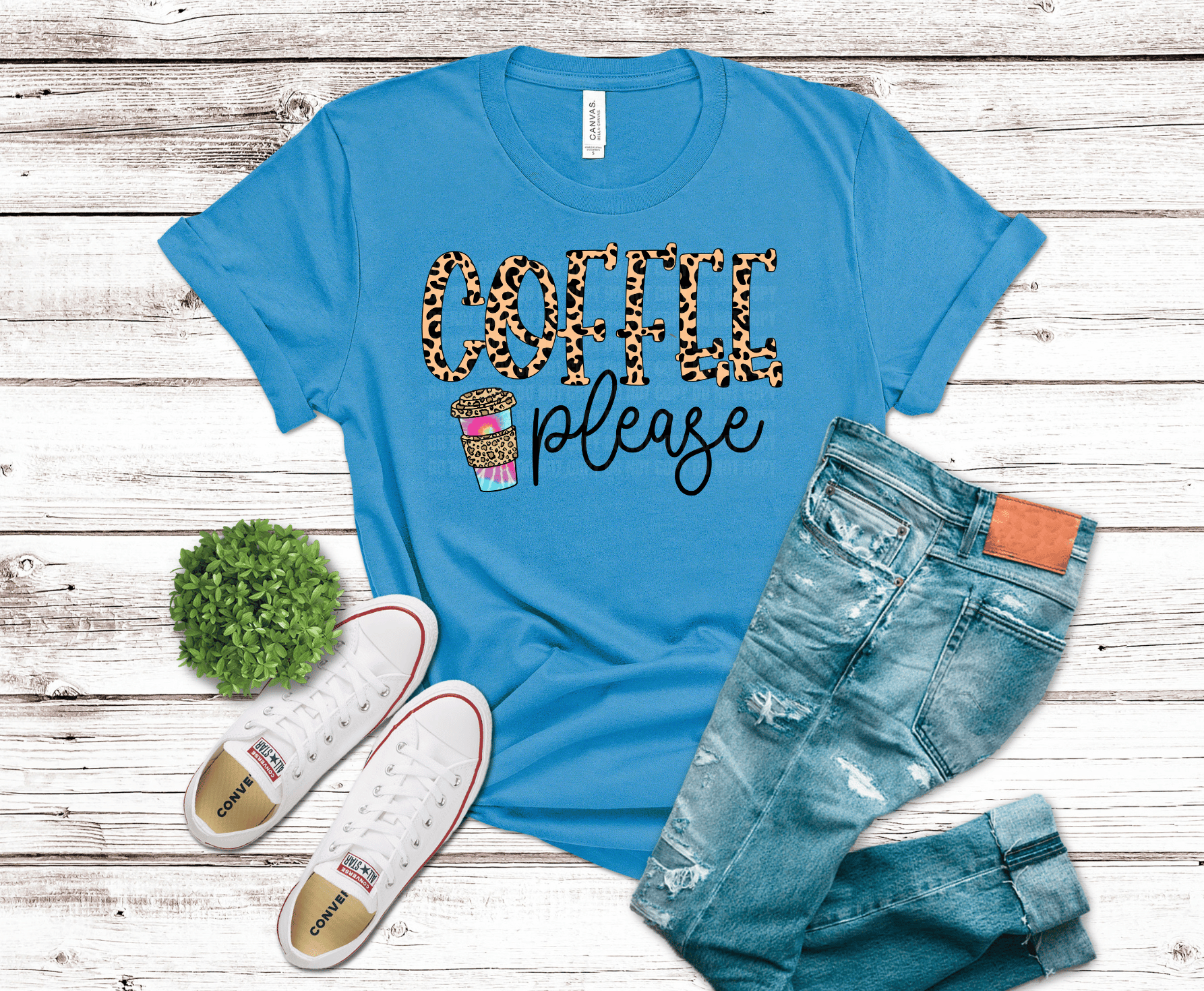 Coffee Please text with leopard print and colorful coffee cup.