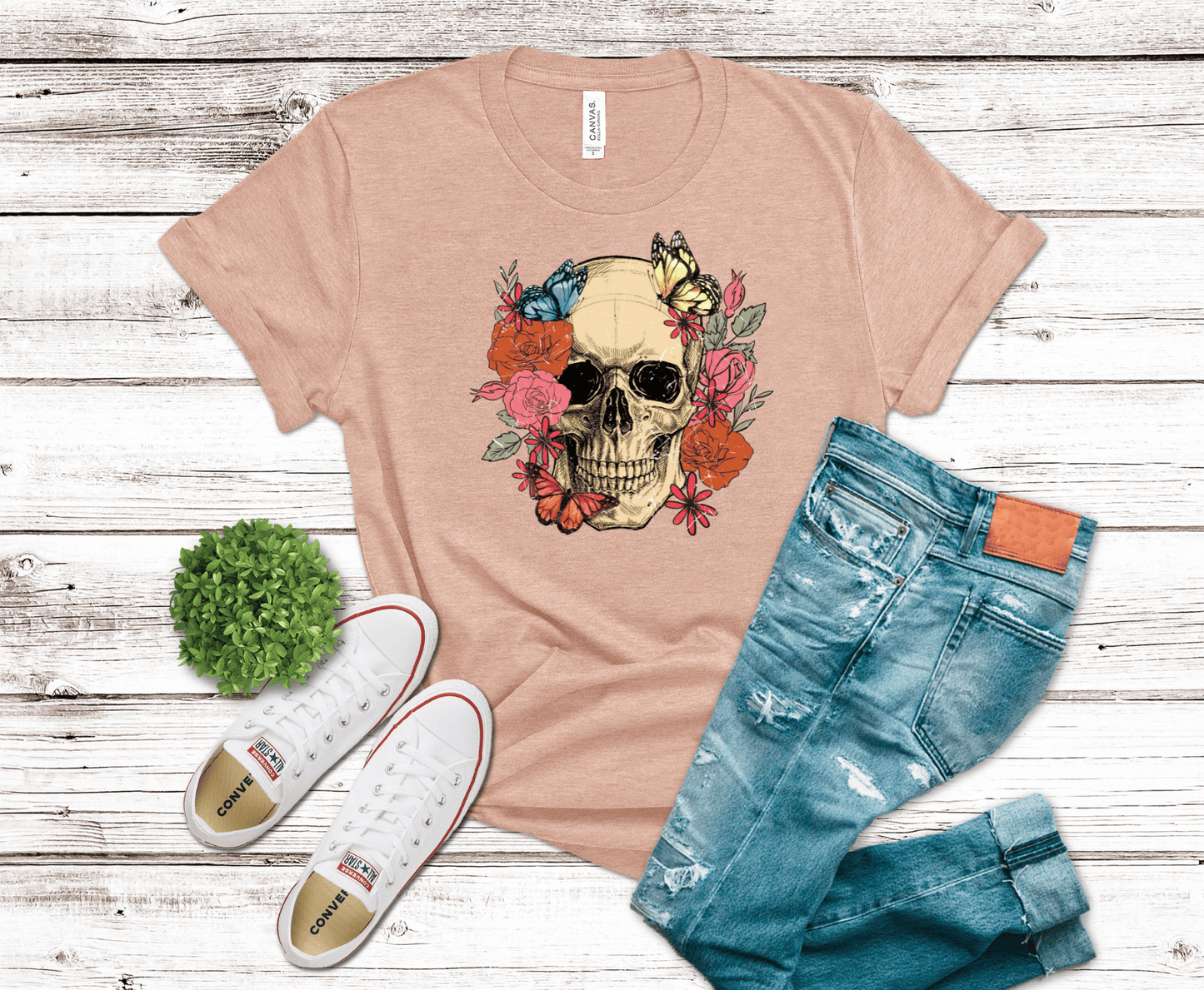 Flowers And Butterflies Skull | DTF Heat Transfer