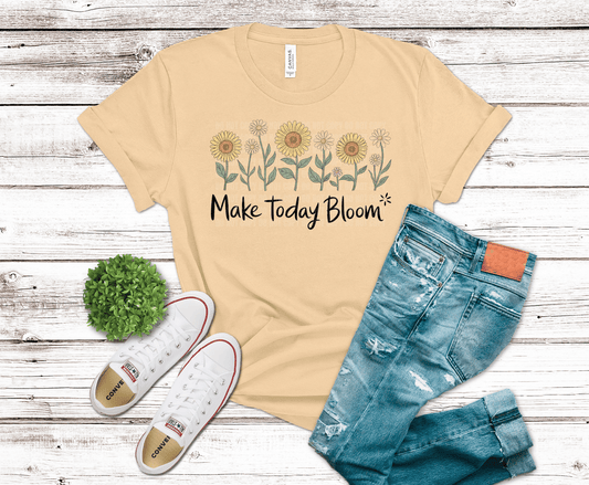DTF transfer featuring hand-drawn sunflowers and daisies with green leaves and the phrase “Make Today Bloom” in a soft cottage-style design.