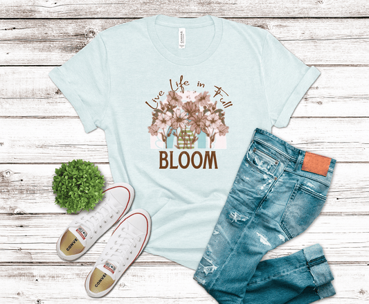 DTF transfer featuring a floral arch with blush and sage flowers and the phrase “Live Life in Full Bloom” in a soft boho style.
