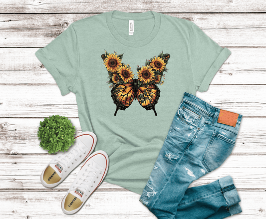 Butterfly with sunflower wings and floral design.