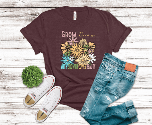 Floral design with text Beauty in Growth with growth comes beauty.