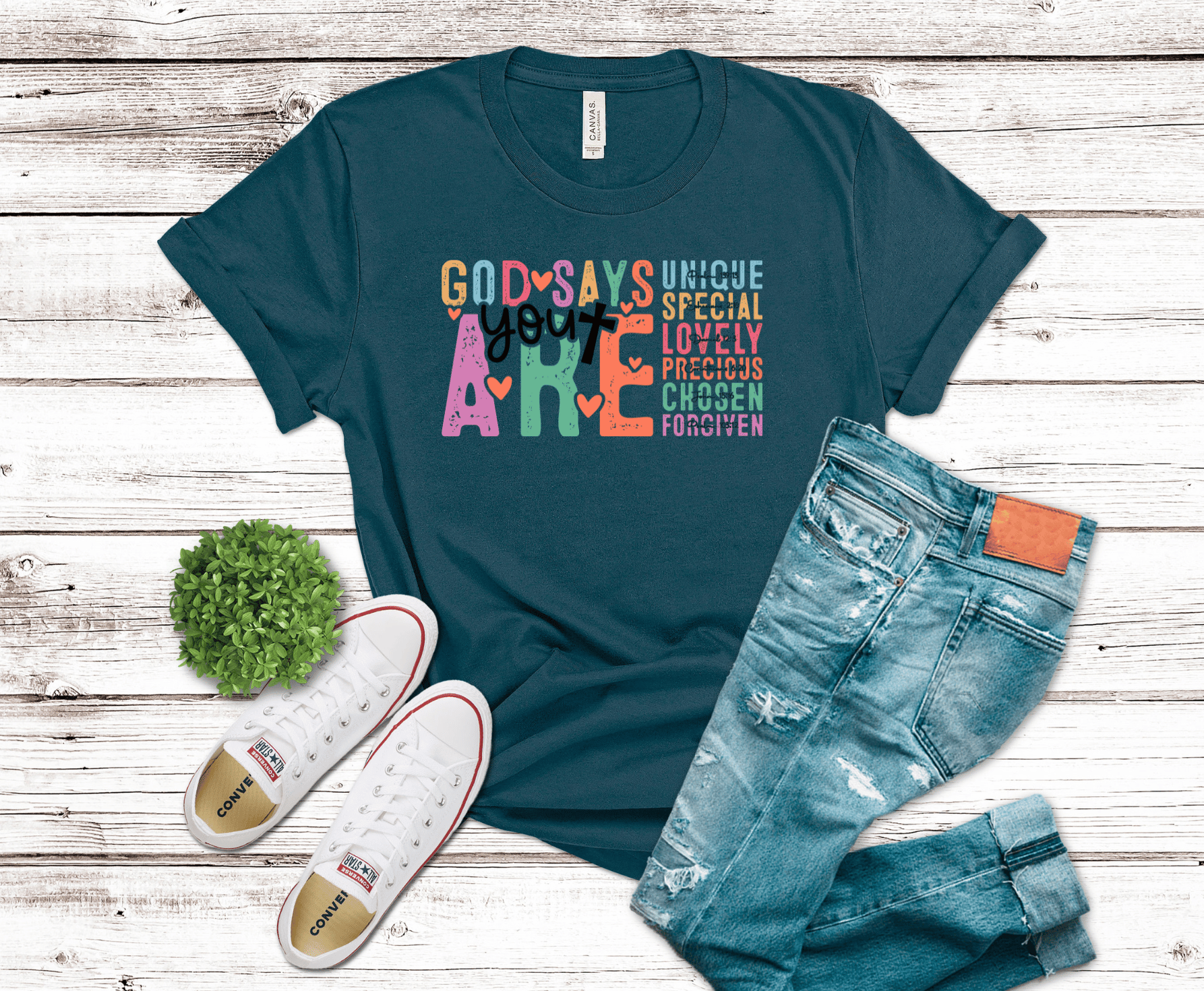 God Says You Are colorful inspirational lettering DTF transfer, ready to press heat transfer for Christian shirts