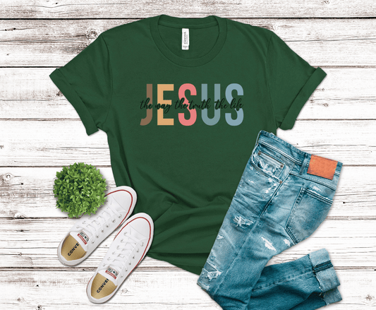 Jesus The Way The Truth The Life colorful lettering DTF transfer, ready to press heat transfer for Christian shirts