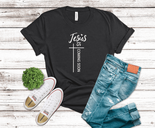 Jesus Is Coming Soon with cross DTF transfer, ready to press heat transfer for Christian shirts