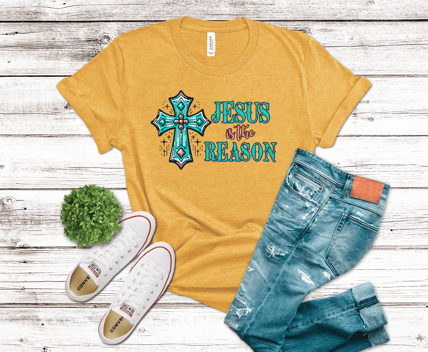 Jesus Is The Reason turquoise cross DTF transfer, ready to press heat transfer for Christian shirts