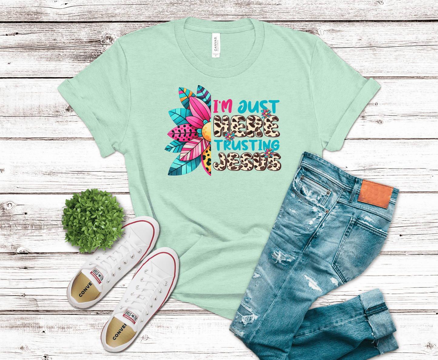 I'm Just Trusting Jesus colorful floral design DTF transfer, ready to press heat transfer for Christian shirts