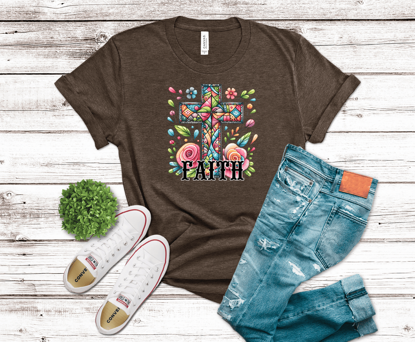 Faith Cross colorful floral design DTF transfer, ready to press heat transfer for Christian shirts