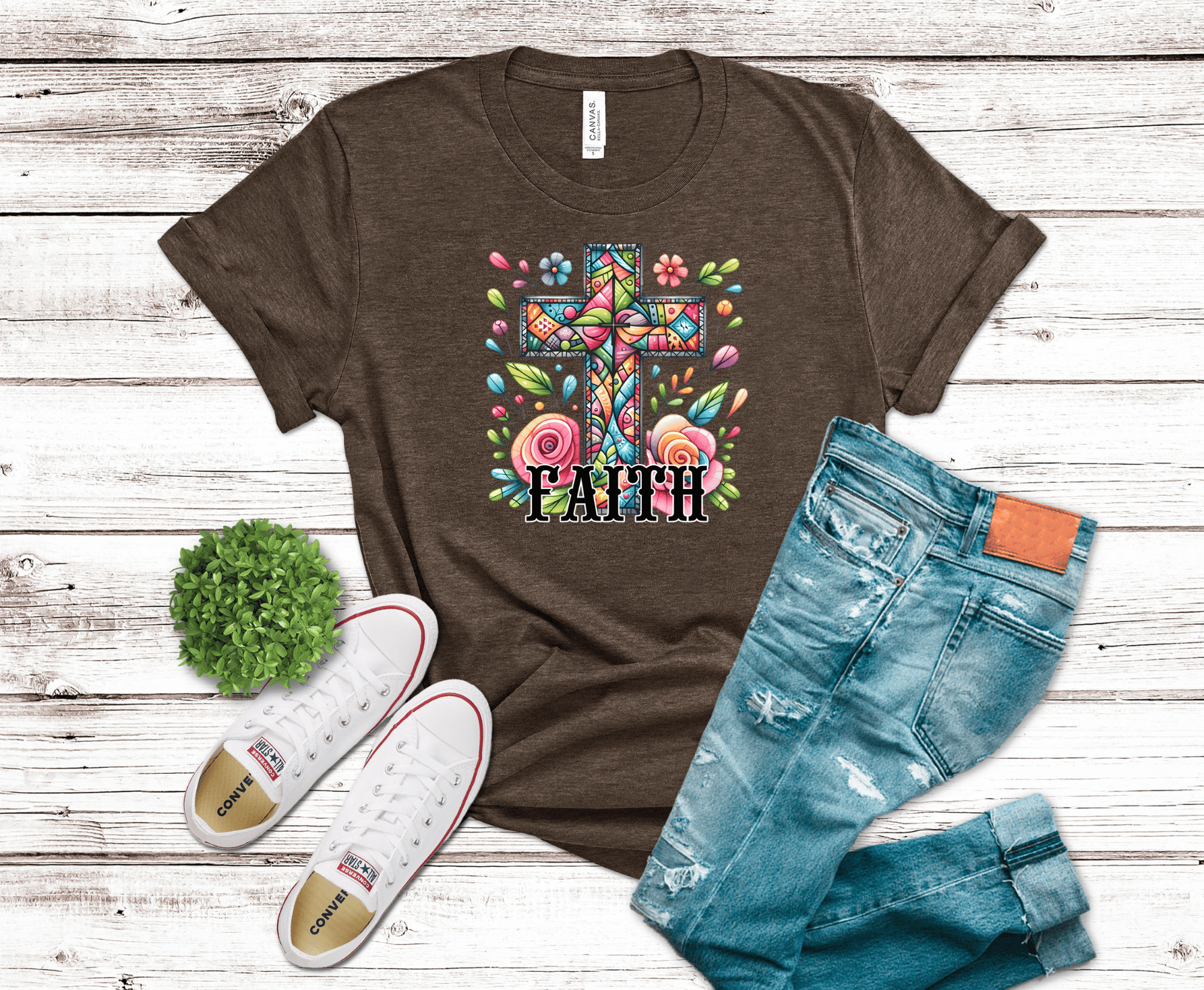 Faith Cross colorful floral design DTF transfer, ready to press heat transfer for Christian shirts