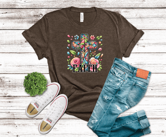 Faith Cross colorful floral design DTF transfer, ready to press heat transfer for Christian shirts
