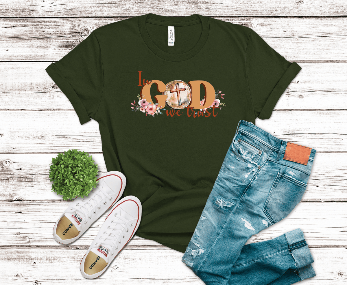 In God We Trust elegant script with cross DTF transfer, ready to press heat transfer for Christian shirts