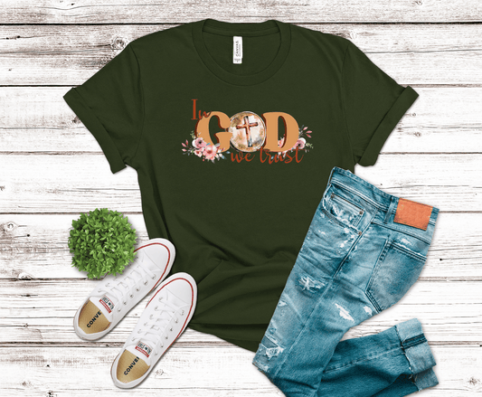 In God We Trust elegant script with cross DTF transfer, ready to press heat transfer for Christian shirts