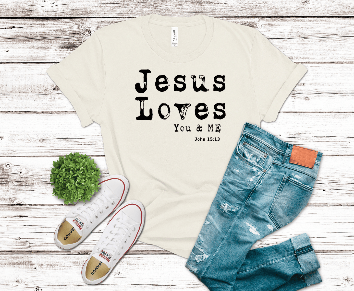 Jesus Loves You And Me bold lettering DTF transfer, ready to press heat transfer for Christian shirts