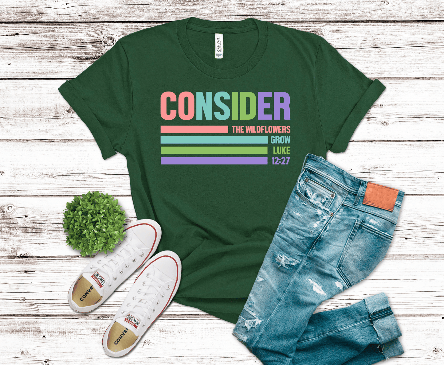Consider The Wildflowers colorful scripture design DTF transfer, ready to press heat transfer for Christian shirts