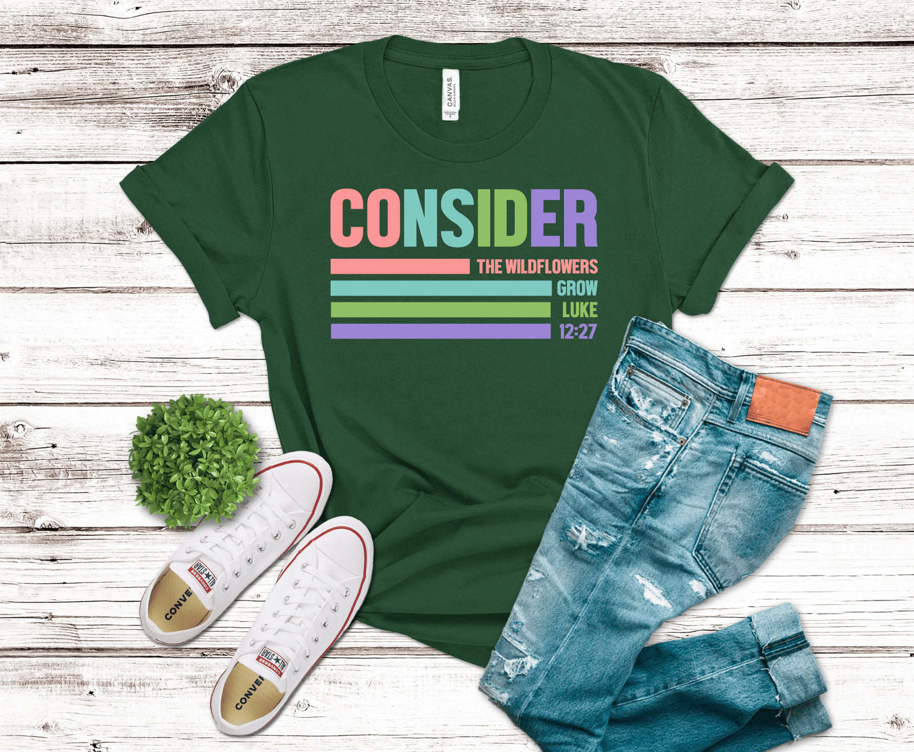 Consider The Wildflowers colorful scripture design DTF transfer, ready to press heat transfer for Christian shirts