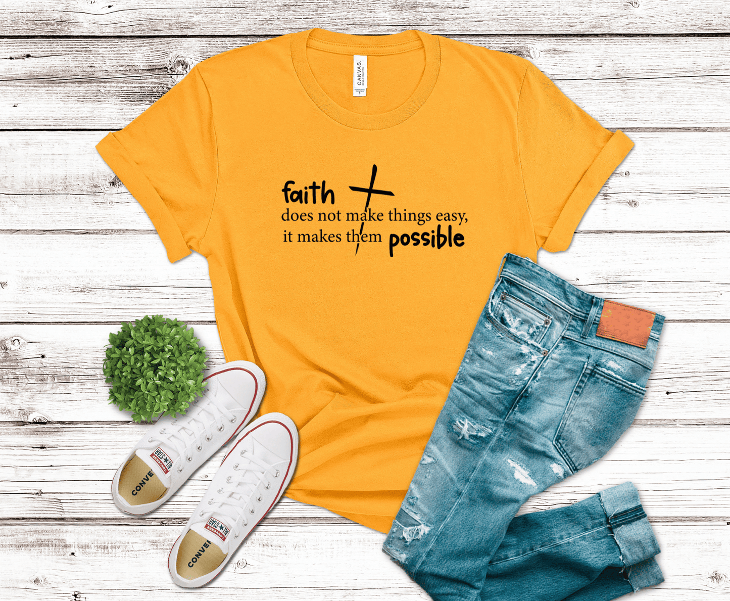 Faith Makes Things Possible inspirational lettering DTF transfer, ready to press heat transfer for Christian shirts