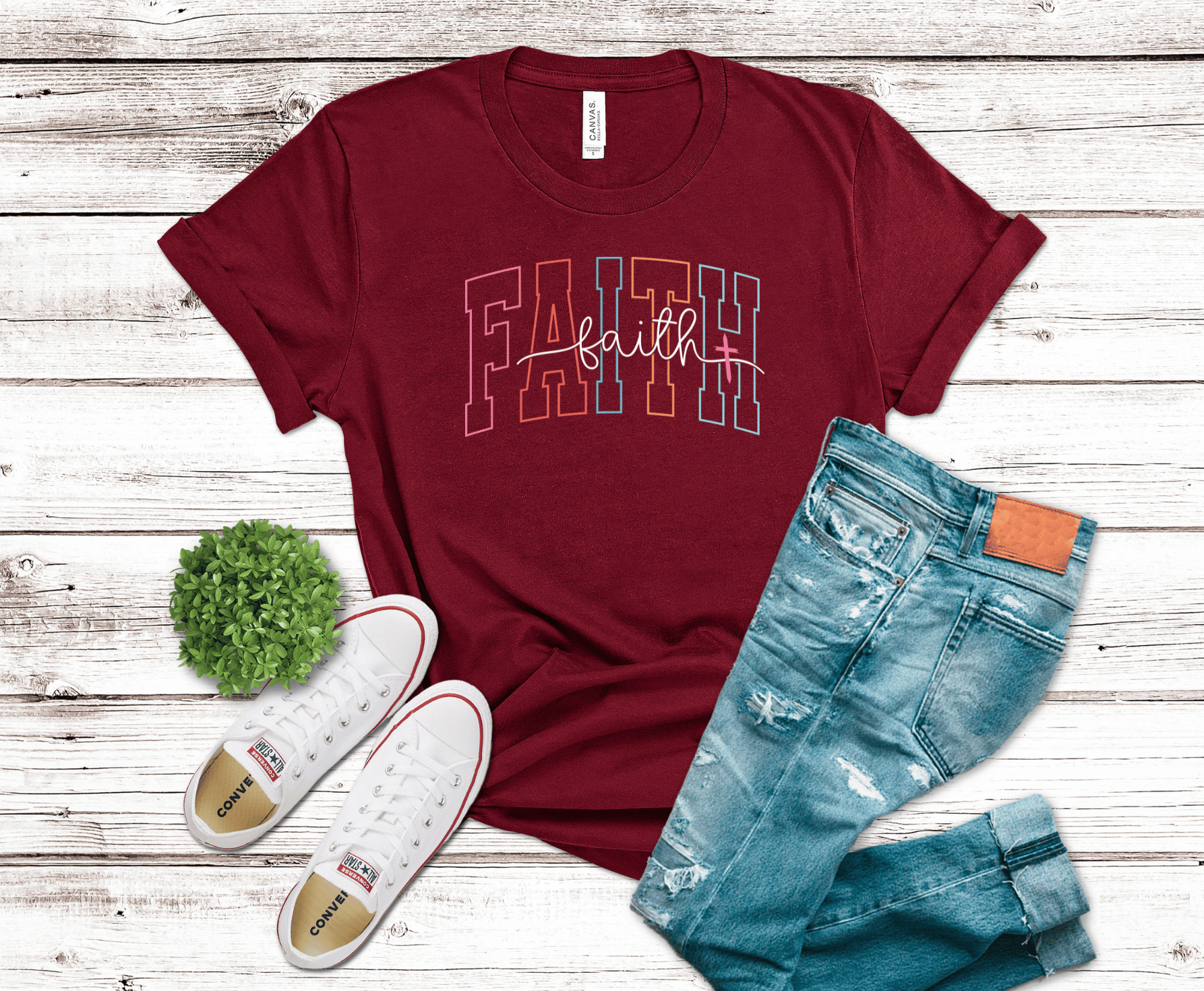 Faith Varsity colorful lettering DTF transfer, ready to press heat transfer for Christian shirts