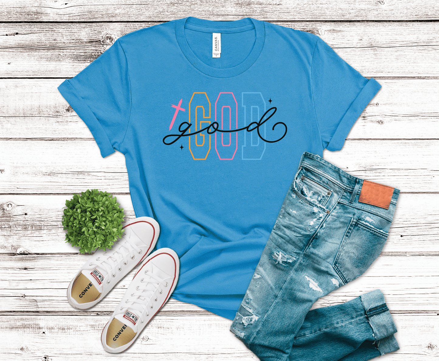 God Varsity colorful lettering DTF transfer, ready to press heat transfer for Christian shirts
