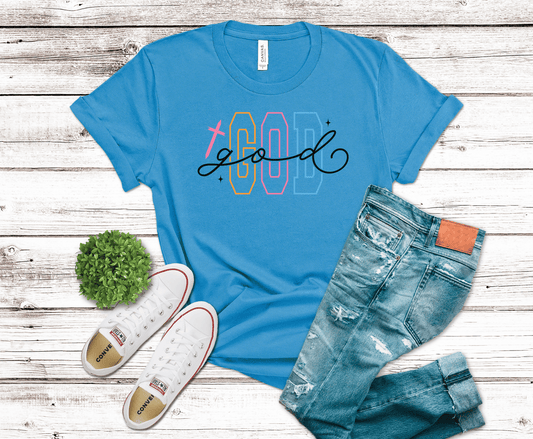 God Varsity colorful lettering DTF transfer, ready to press heat transfer for Christian shirts