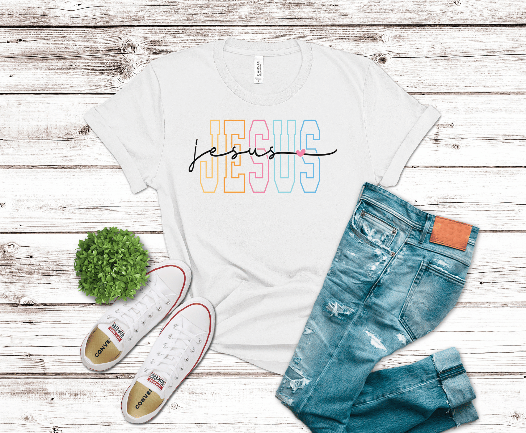 Jesus Varsity multicolored lettering DTF transfer, ready to press heat transfer for Christian shirts