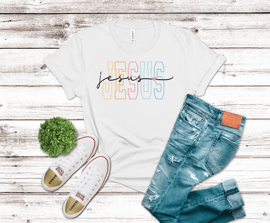 Jesus Varsity multicolored lettering DTF transfer, ready to press heat transfer for Christian shirts