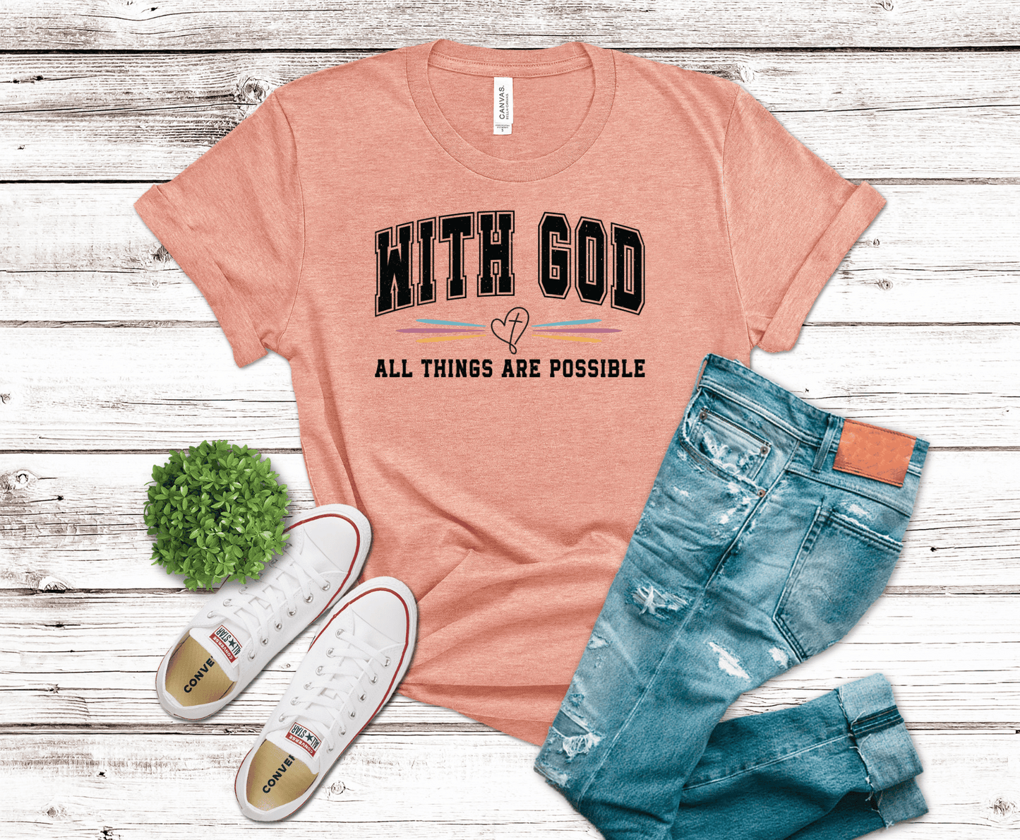 With God All Things Are Possible varsity style DTF transfer, ready to press heat transfer for Christian shirts