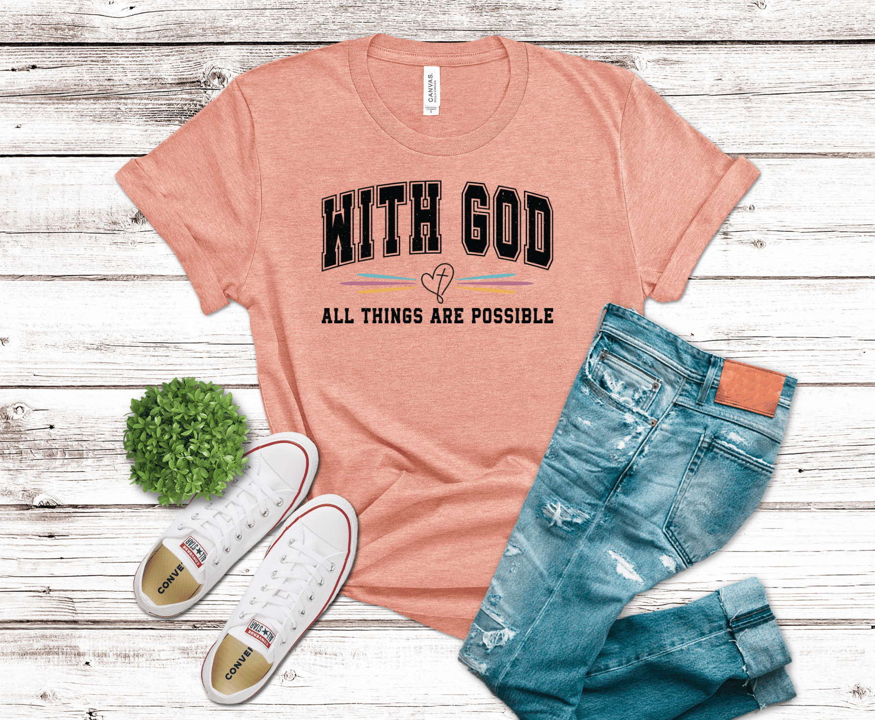 With God All Things Are Possible varsity style DTF transfer, ready to press heat transfer for Christian shirts