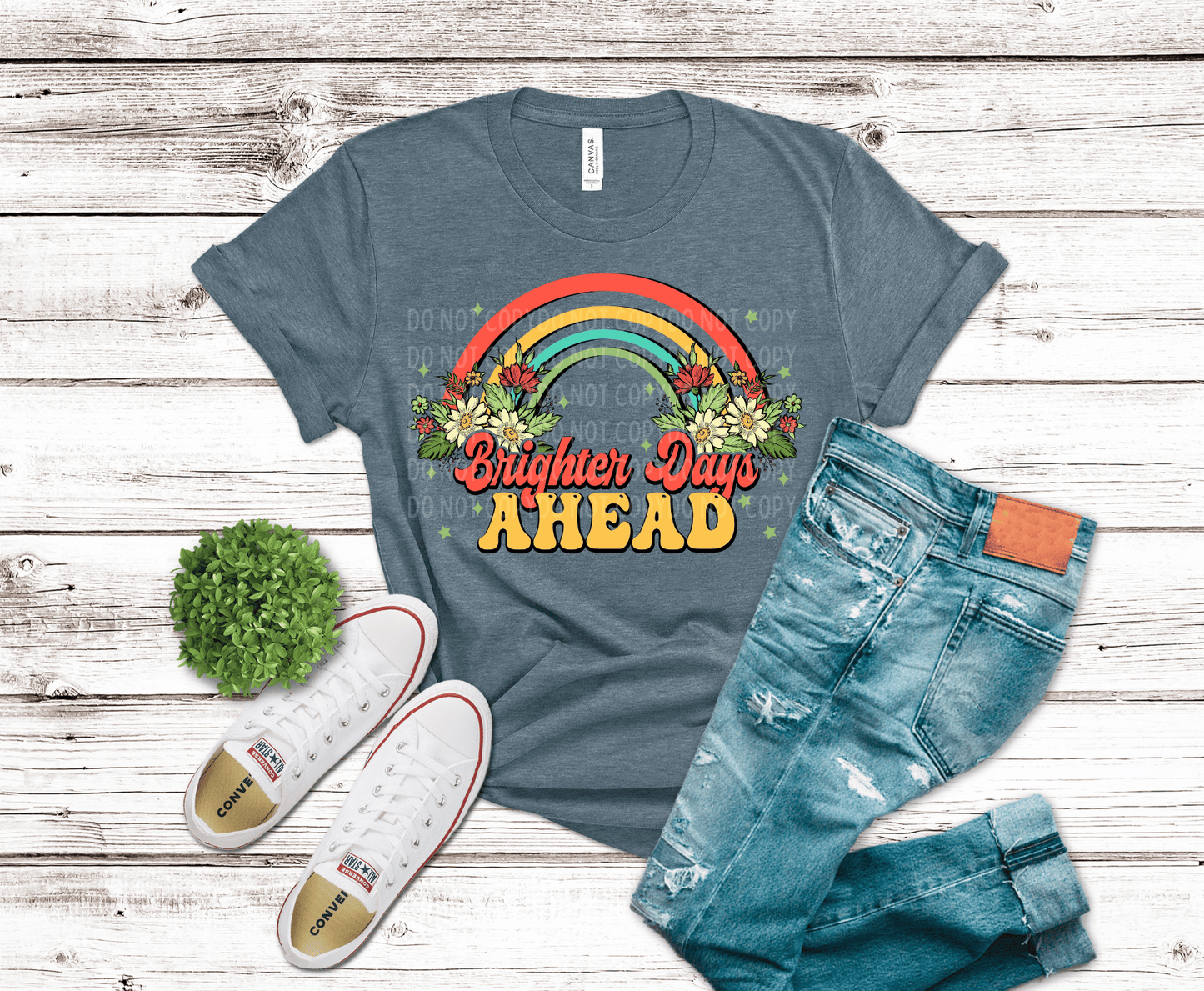 Rainbow with floral accents and brighter days ahead text in colorful uplifting inspirational design
