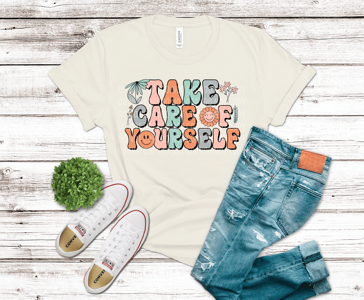 Take care of yourself retro typography with floral accents colorful calming self care design