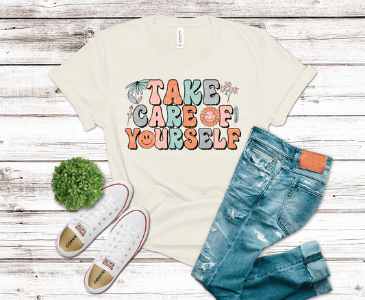 Take care of yourself retro typography with floral accents colorful calming self care design