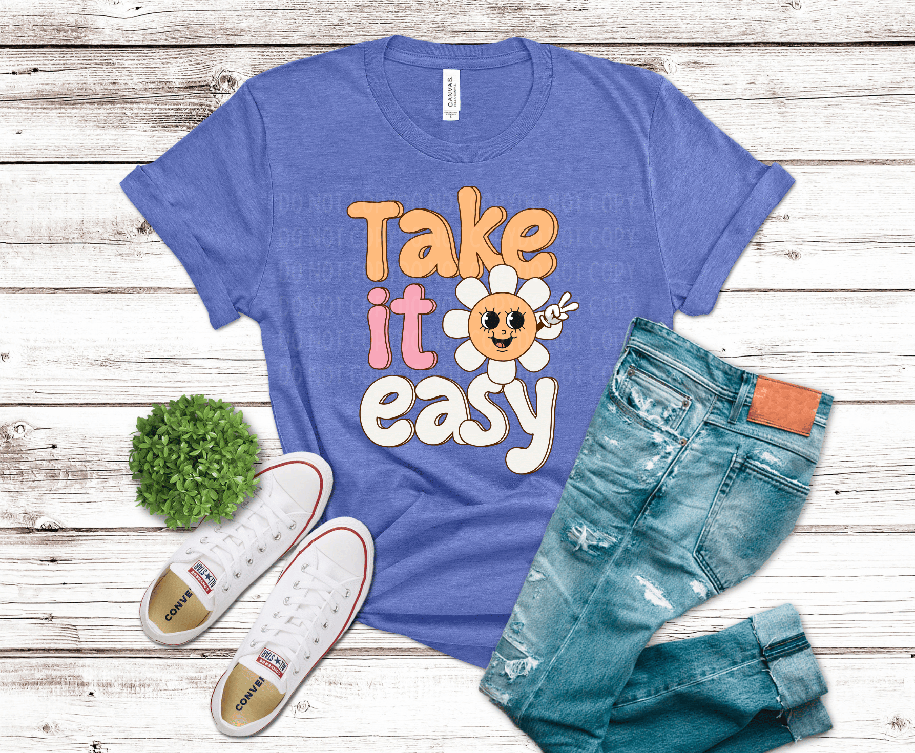 Take it easy retro typography with smiling daisy flower cute positive vibe design