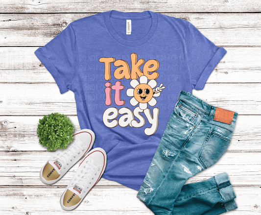 Take it easy retro typography with smiling daisy flower cute positive vibe design
