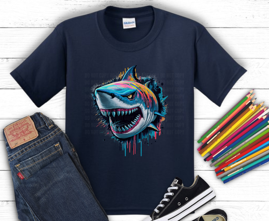 Colorful Shark watercolor splash DTF transfer, ready to press heat transfer for kids shirts
