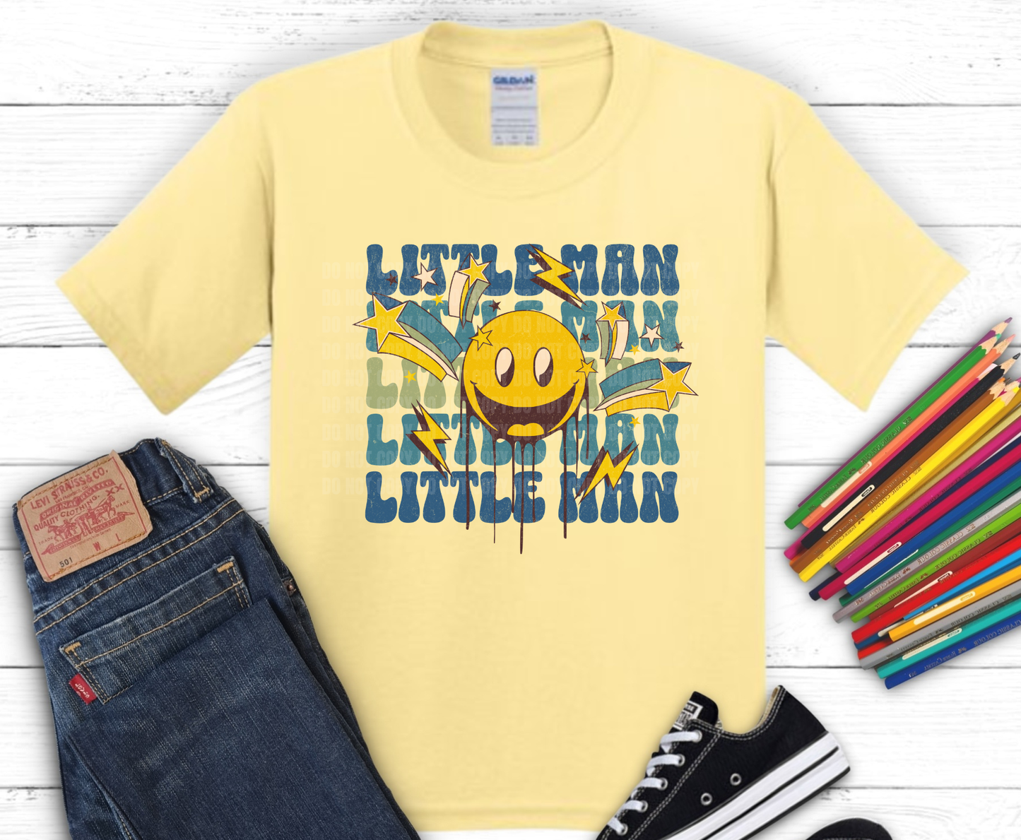 Little Man Smiley Face DTF transfer on yellow shirt mockup, ready to press heat transfer for kids shirts