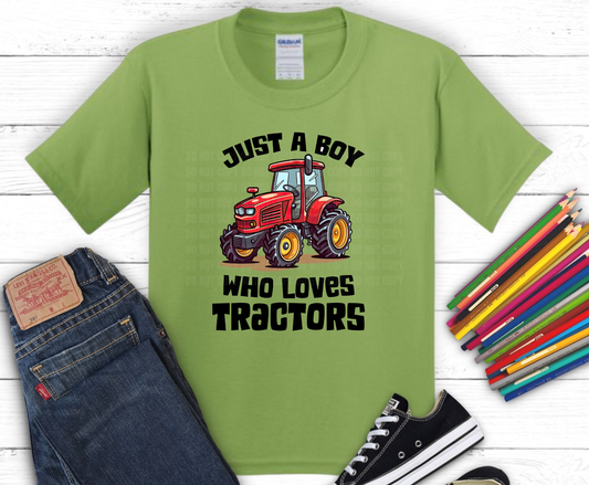 Just A Boy Who Loves Tractors DTF transfer on green shirt mockup, ready to press heat transfer for kids shirts