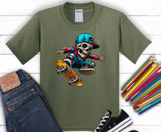 Colorful Skull Skater DTF transfer on green shirt mockup, ready to press heat transfer for kids shirts