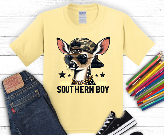 Southern Boy with dog DTF transfer on yellow shirt mockup, ready to press heat transfer for kids shirts