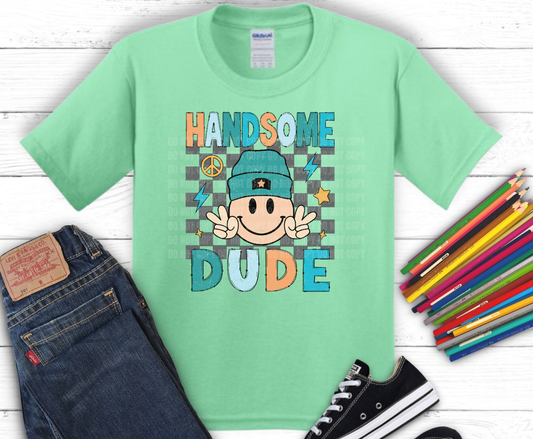 Handsome Dude DTF transfer on teal shirt mockup, ready to press heat transfer for kids shirts