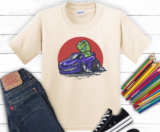 Dino in Car DTF transfer on cream shirt mockup, ready to press heat transfer for kids shirts