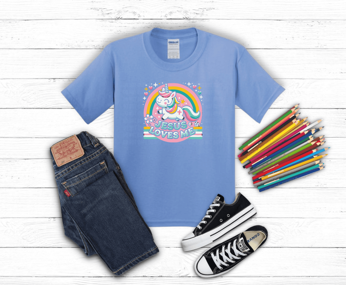 Jesus Loves Me Unicorn DTF transfer, ready to press heat transfer for Christian shirts