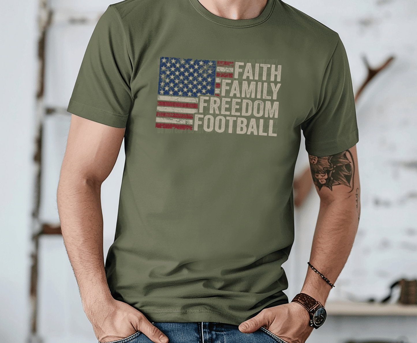Faith Family Freedom Football American flag DTF transfer, ready to press heat transfer for patriotic shirts