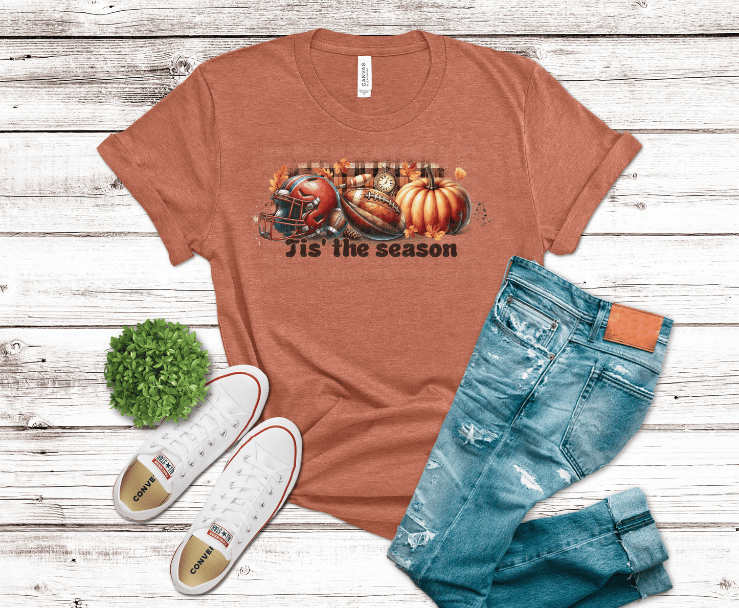 Tis The Season Fall Football helmet and pumpkins DTF transfer, ready to press heat transfer for football shirts