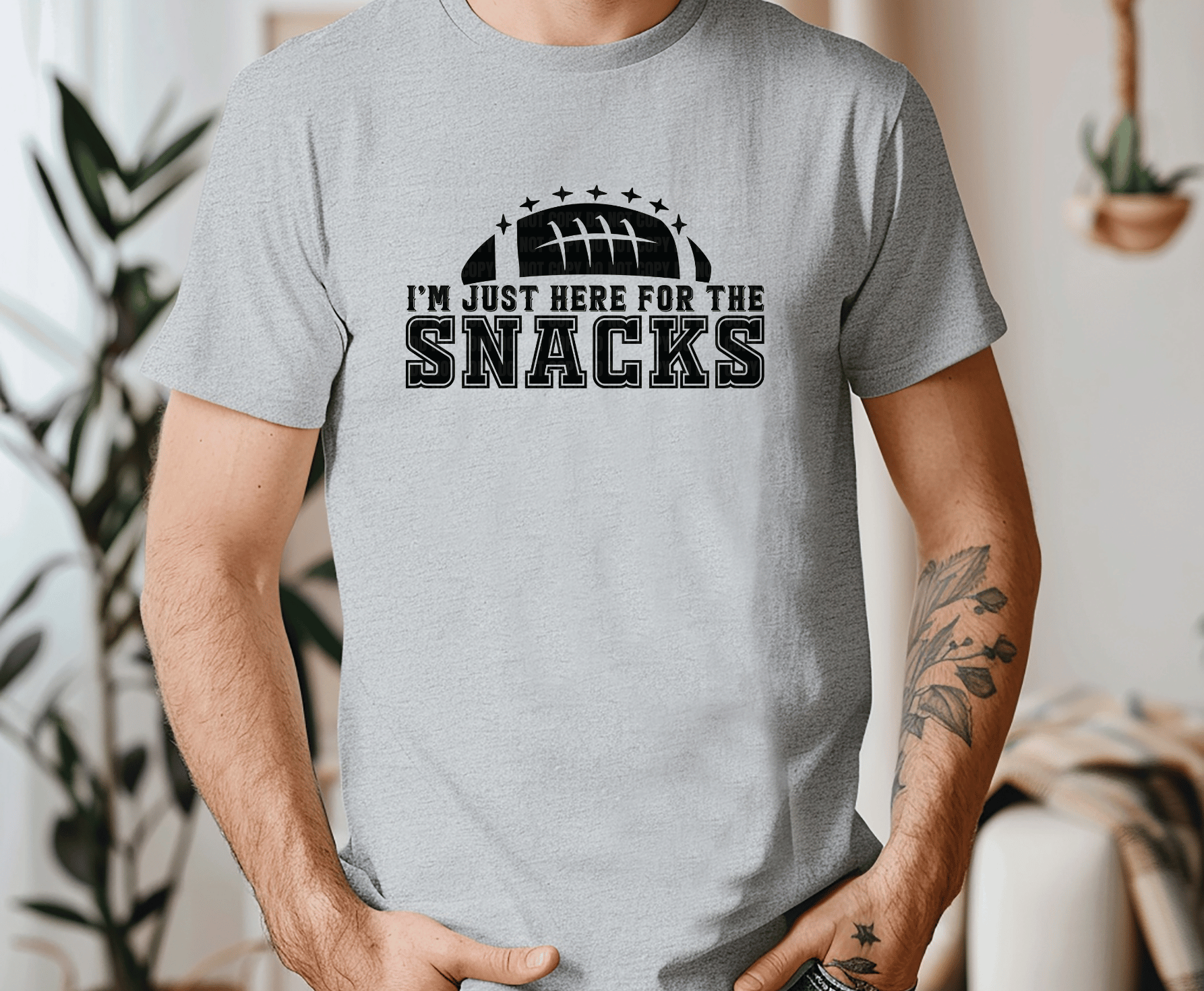 I'm Just Here For The Snacks football design DTF transfer, ready to press heat transfer for game day shirts