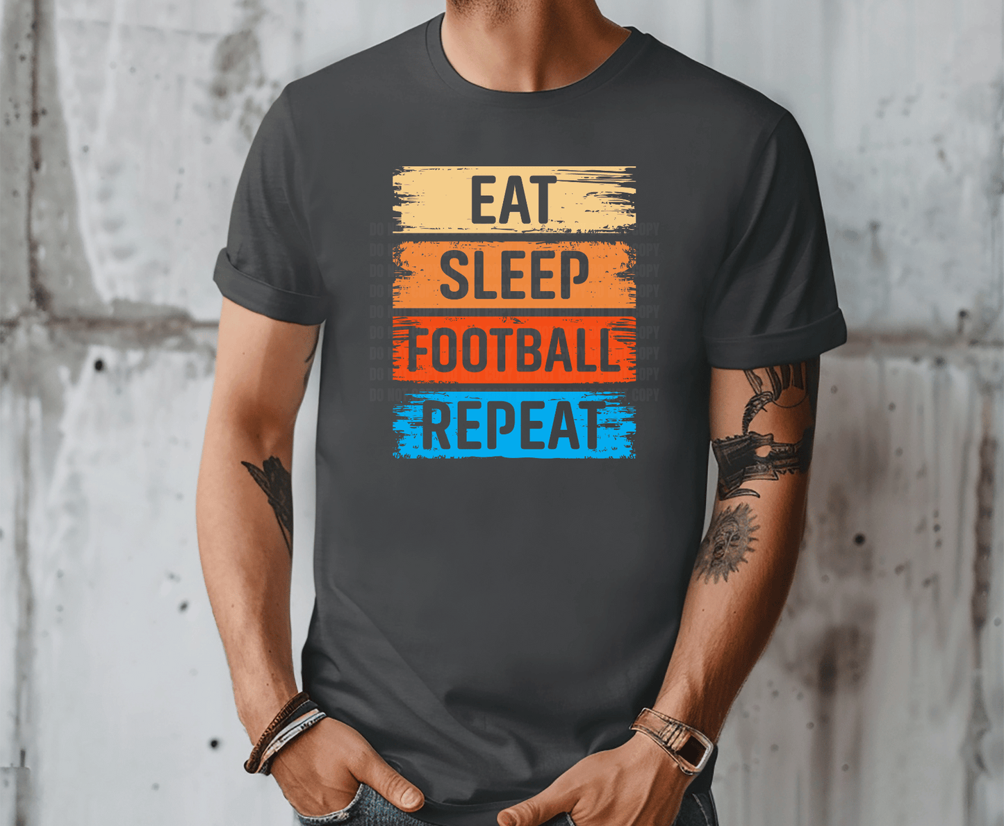 Eat Sleep Football Repeat colorful lettering DTF transfer, ready to press heat transfer for football shirts