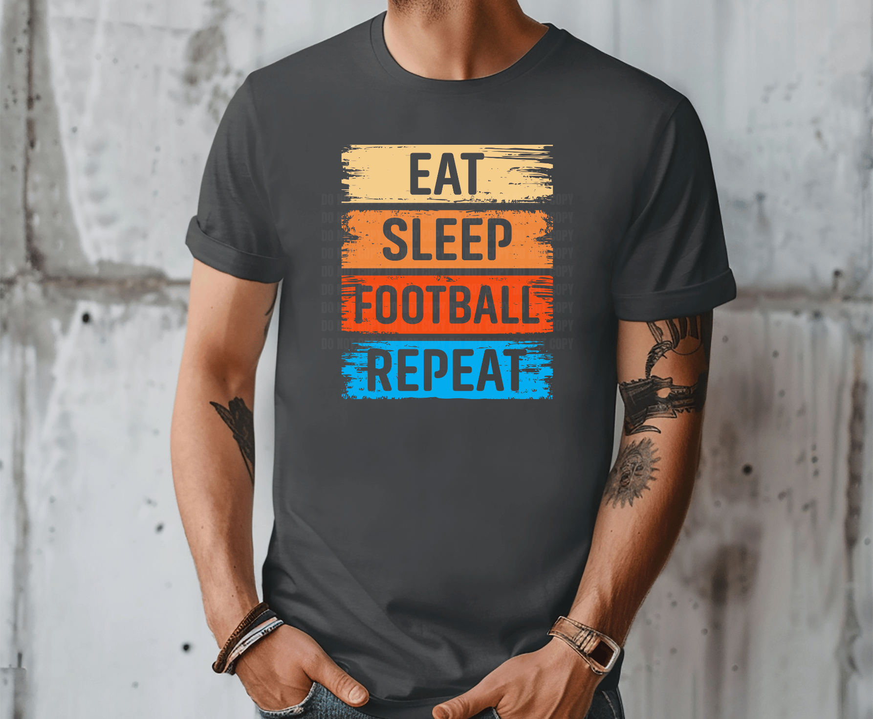 Eat Sleep Football Repeat colorful lettering DTF transfer, ready to press heat transfer for football shirts