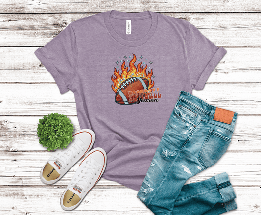 Fire Football Season flaming football DTF transfer, ready to press heat transfer for football shirts