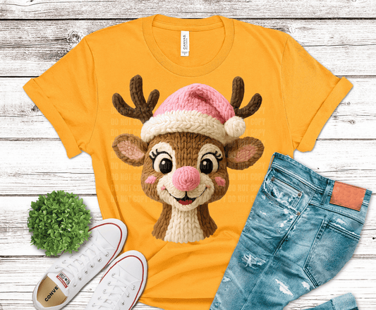 Pink Yarn Reindeer | DTF Heat Transfer