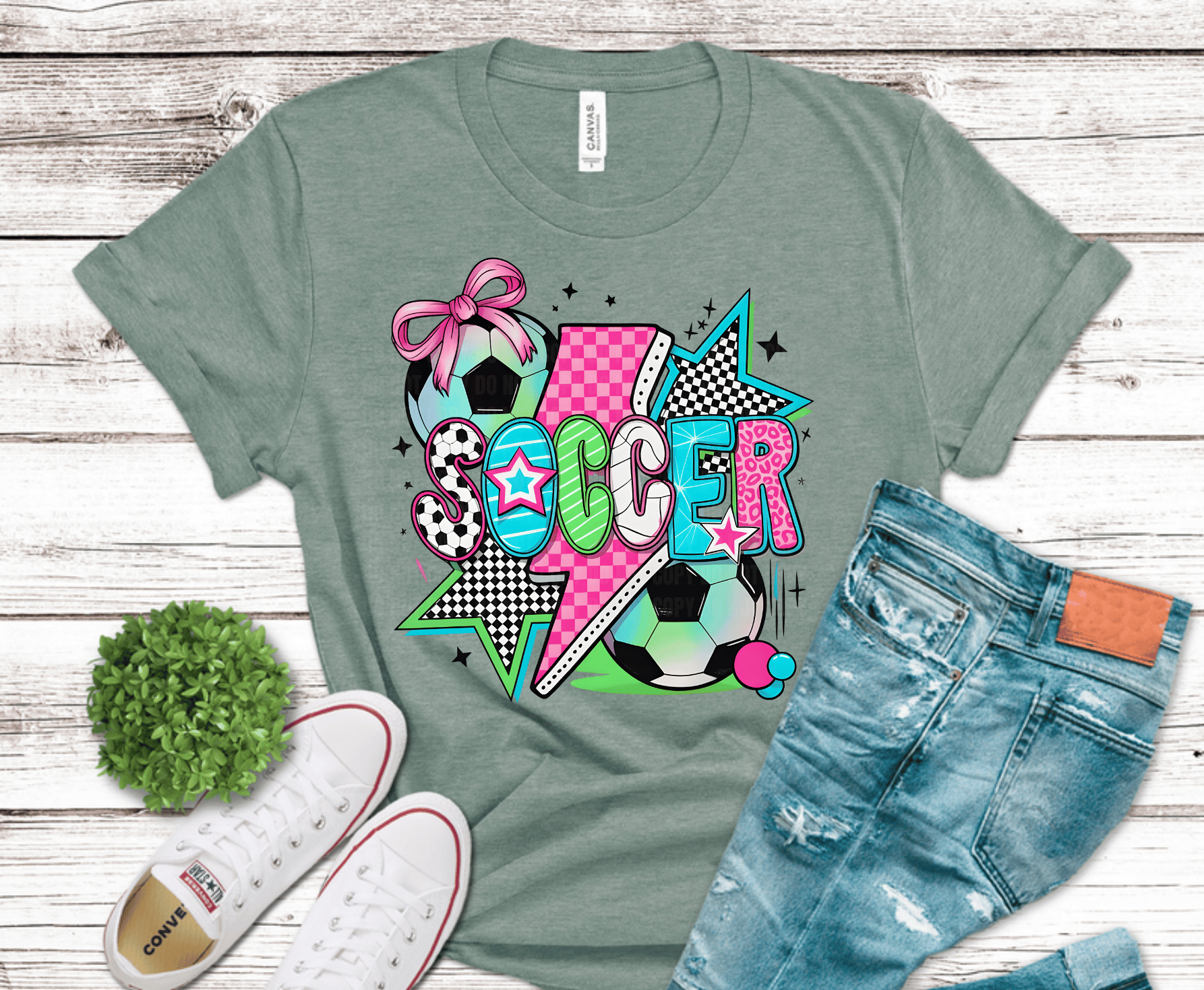 Colorful soccer DTF transfer design featuring bold patterned lettering, soccer balls, stars, and playful neon accents in a fun sporty style.