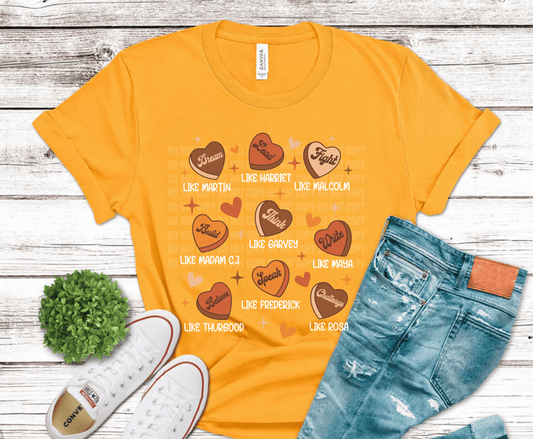 Inspirational Black History candy heart DTF transfer featuring messages like Dream Like Martin and Speak Like Frederick in warm retro tones.
