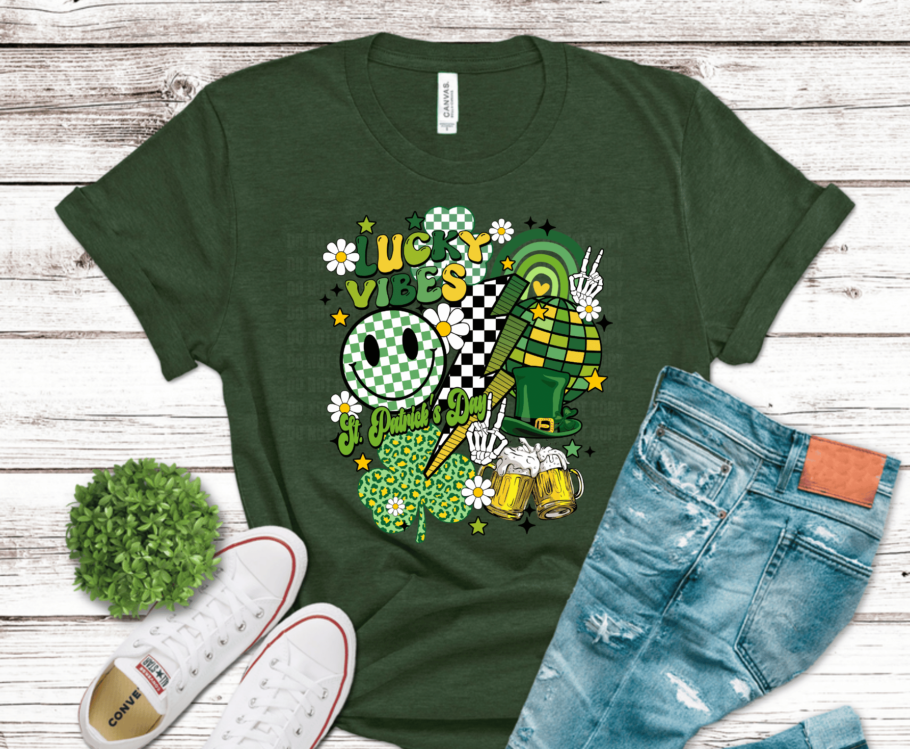 Lucky Vibes St. Patrick’s Day DTF transfer featuring retro shamrocks, smiley faces, beer mugs, and green checkerboard patterns.